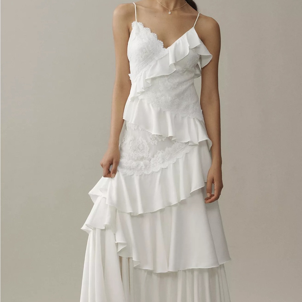 BHLDN Anthropologie V-Neck Tiered Ruffle Lace Satin Maxi Dress NWOT